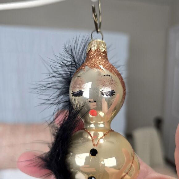 Elegant Feathered Lady Blown Glass Christmas Ornament Signed Glitter Vintage - Picture 4 of 10
